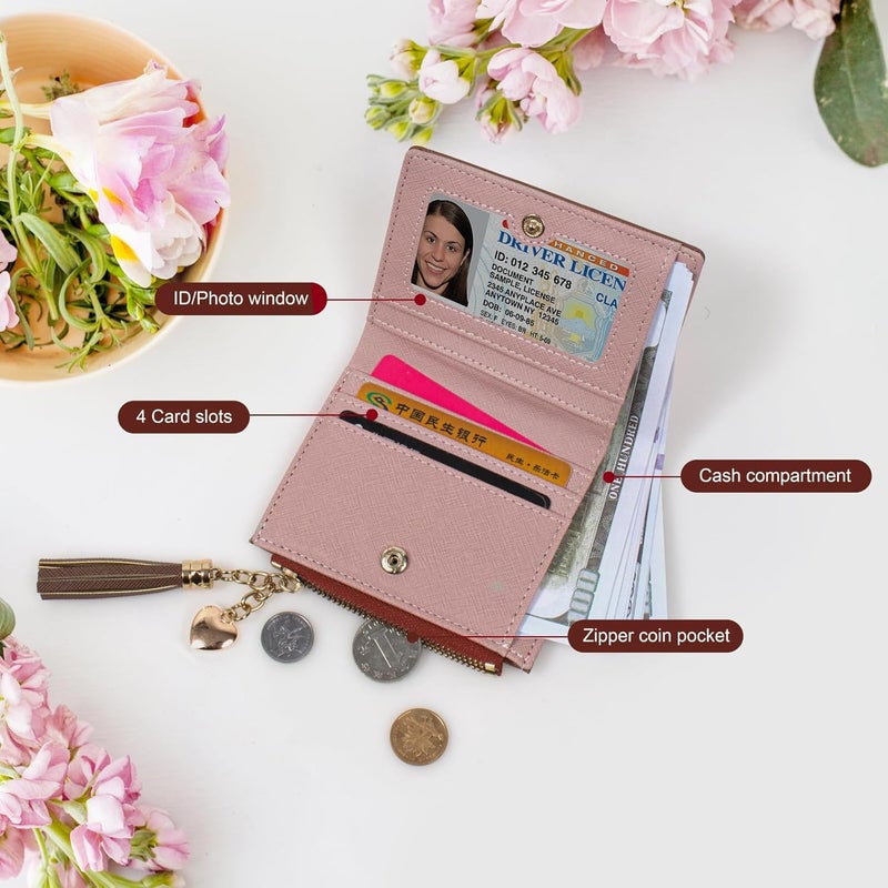 KOTORA Womens Small Wallet Girls Tiny Slim Wallets Pretty Mini Card Holder Thin Short Zip Coin Purse with Love Pendant and Tassels (Brown) - Image 3